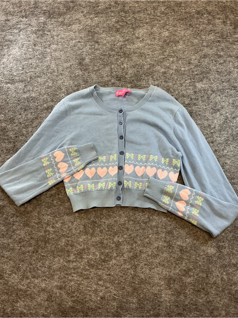 Sugar Thrillz Light Blue Cropped Cardigan with Pink Heart Pattern Size M